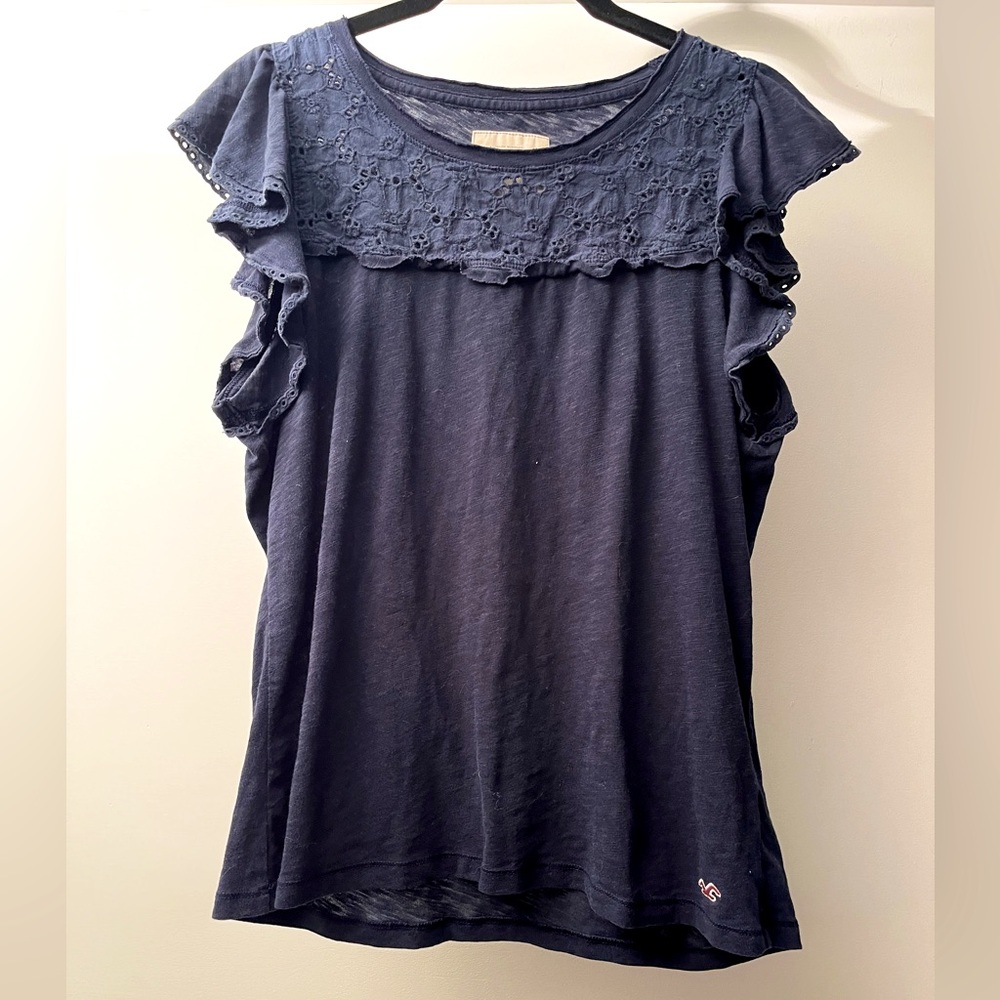 Hollister Navy Eyelet Lace Ruffle Blouse